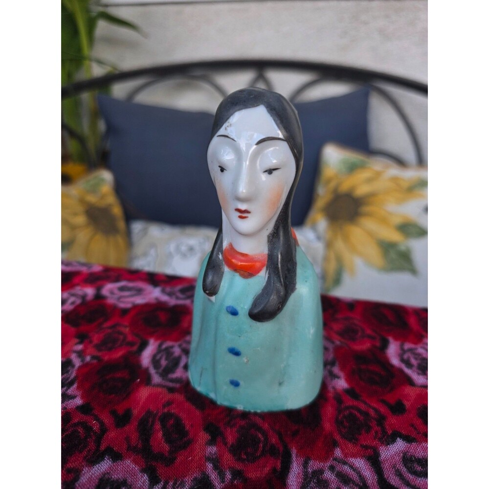 Vintage Art Deco Figural Porcelain Lady Desk Bell Made in Japan Geisha Figurine